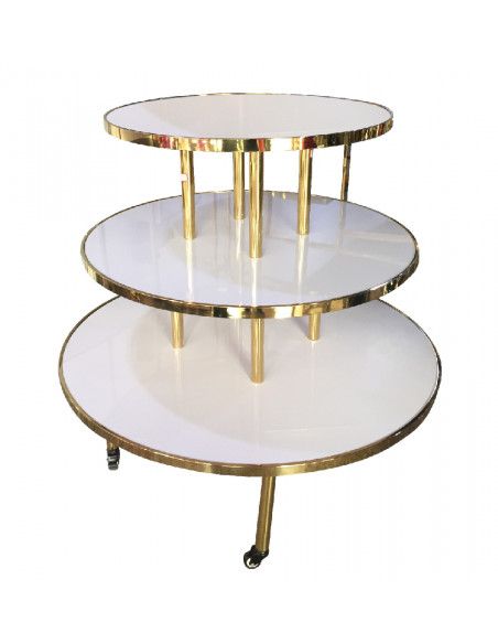 Three Tiers Round Display Table - White Glasses and Chrome Tube
