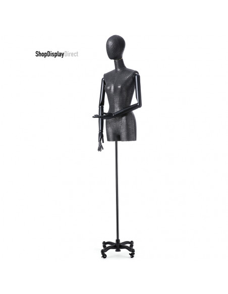 Female Adjustable Dressmakers Mannequin Tailors Dummy Tailored with Articulated Wooden Arms and Metal Stand - Black - Egg Head