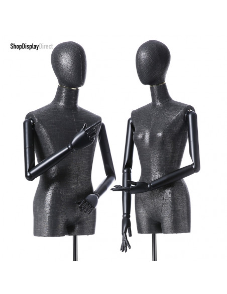Female Adjustable Dressmakers Mannequin Tailors Dummy Tailored with Articulated Wooden Arms and Metal Stand - Black - Egg Head