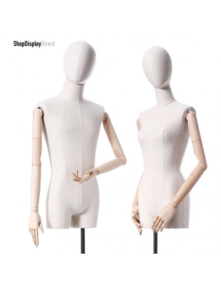 Female Vintage Adjustable Dressmaker Display Mannequin Tailors Dummy with Articulated Wooden Arms and Metal Stand White Egg Head